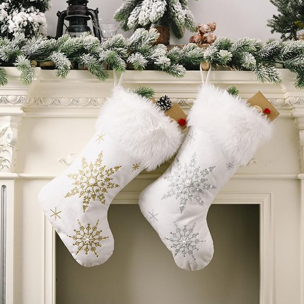 Natal branco floco de neve meia xmas decoração Navidad Saco de Presente Crismas Ornamentos Feliz Chrismas Decor para Casa
