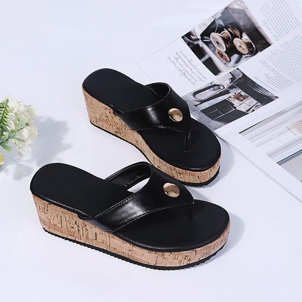

slippers 2021 summer comfortable metal buckle high-heeled wedge with wood grain round head herringbone, Black