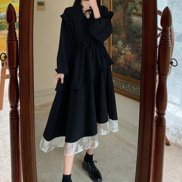 

casual dresses long sleeve dress women hepburn temperament french style elegant fashion black party spring lace patchwork vintage midi overs, Black;gray