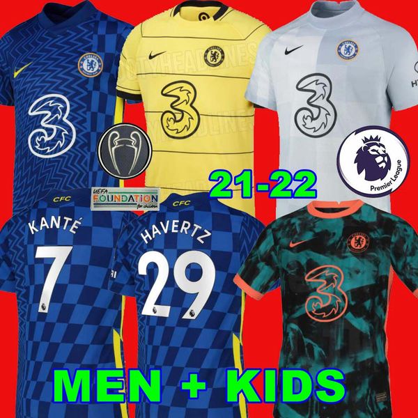 

chelsea 21 22 werner havertz chilwell ziyech soccer jerseys 2021 2022 pulisic home blue away yellow football shirt kante mount men+kids set, Black;yellow