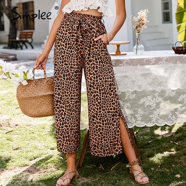 

simplee leopard print casual loose long pants summer high waist elastic sash split trousers women holiday wide-leg bottoms lady 210319, Black;white