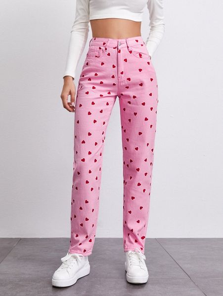 

high waist heart print straight jeans k0hn#, Blue
