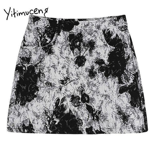 

yitimuceng vintage skirt women floral print pockets mini high waist a-line black clothing summer korean fashion skirts 210601
