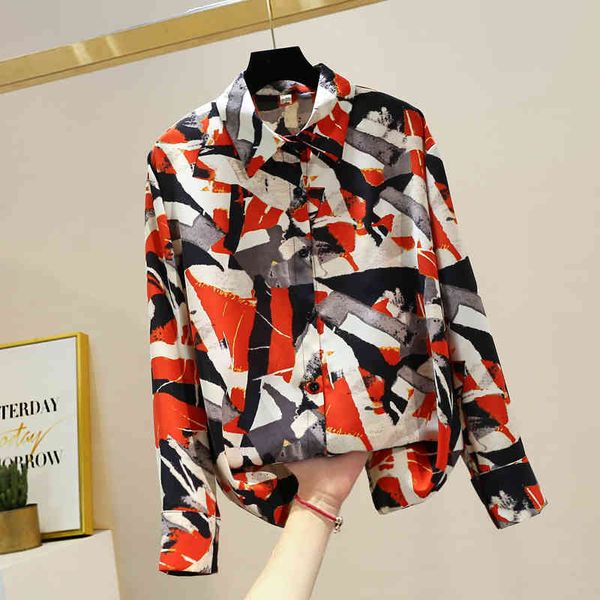 

shirt contrast geometric shirts up womens mujer turn-down collar long sleeve women camisa, White