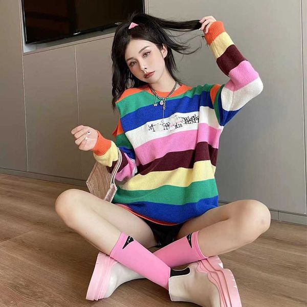 

2021 fried street off shoulder care machine rainbow stripe sweater women's autumn net red pullover long sleeve, Black