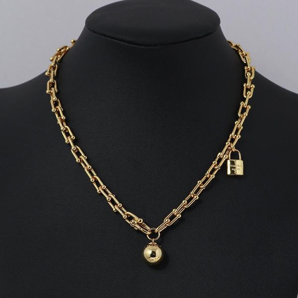 

chains trendy thick chain lock round bead buckle stitching necklace, Silver