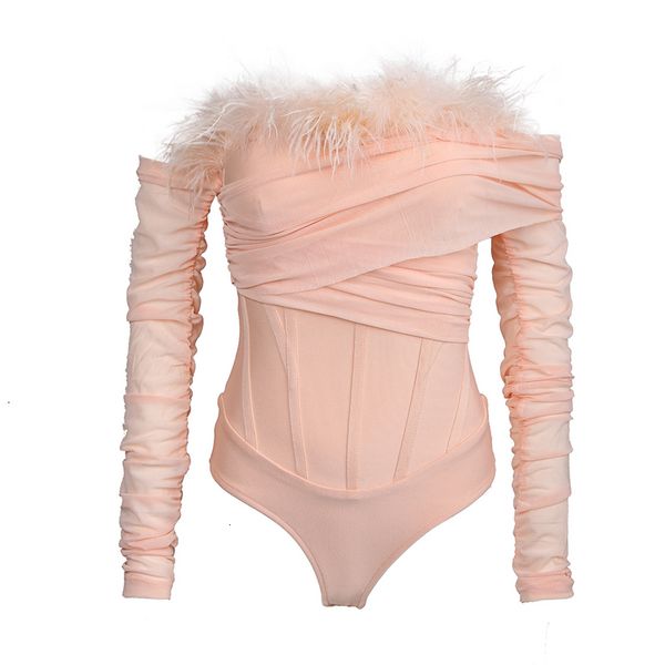 

shorts new winter women pink feathers off shoulder bandage bikini long sleeve club party rompers bodysuits, White;black