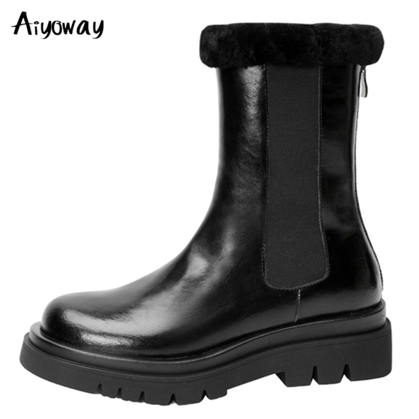 

boots aiyoway 2021 genuine cow leather natural thick wool fur women winter snow ankle platform warm waterproof shoes, Black