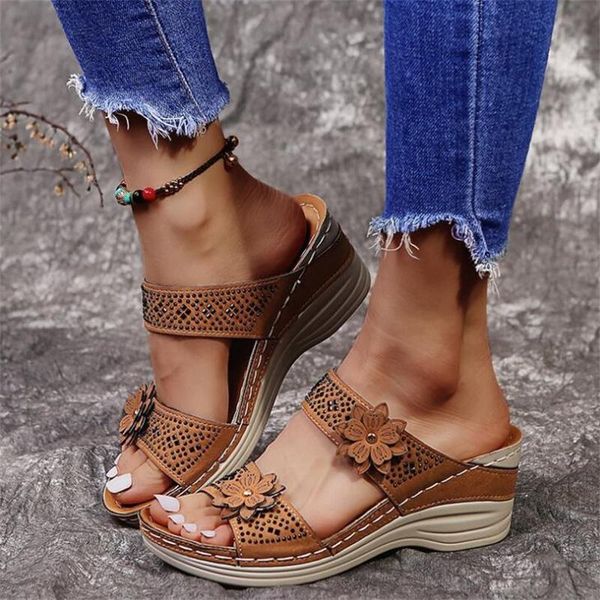 

sandals 2021 women retro casual summer shoes woman wedge heels plus size flip flops flowers wedges sandalias mujer, Black