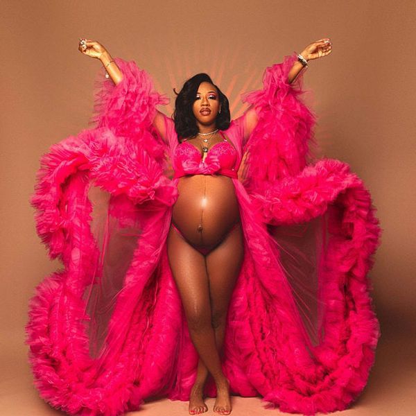 Afrikanisches Hot Pink Umstandskleid Roben für Fotoshooting oder Babyparty Rüschen Tüll Schicke Frauen Ballkleider Rüschen Langarm Fotografie Robe Partykleider