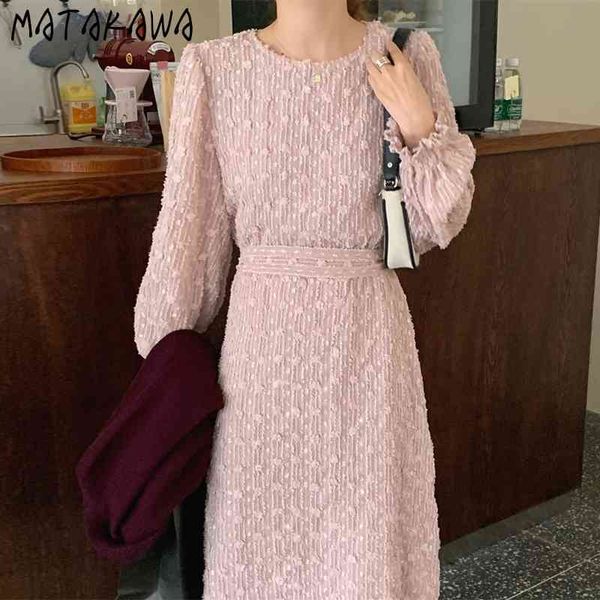 

matakawa chiffon flared sleeve long women dress korea round neck vestidos three-dimensional jacquard lace slim waist femme robe 210513, Black;gray