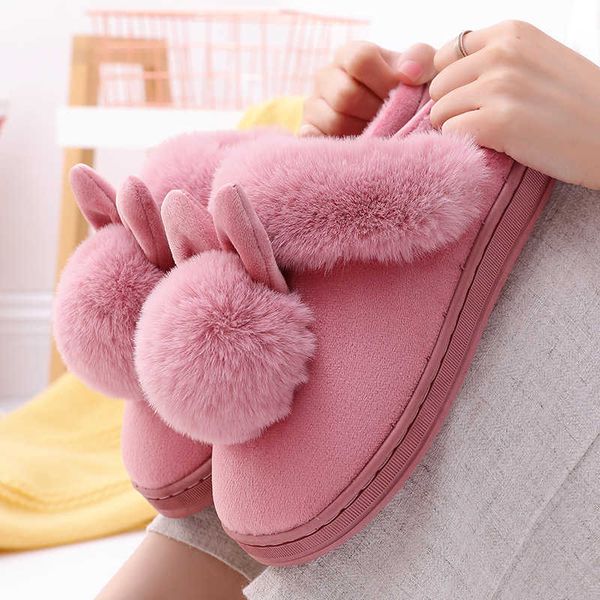 

long ear single ball men and women lovers wood floor thickening indoor warm cotton slippers in winter, Black