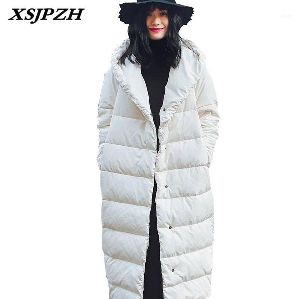 

women's down & parkas xsjpzh 2021 winter coat large version of warm duck solid color long coats simple loose hooded outer sh225, Black