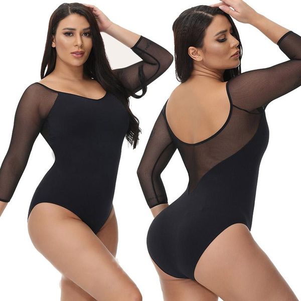 

women's shapers sheer mesh long sleeve shapewear bodysuit elastic backless see through leotard waist trainer body shaper bulifter top, Black;white