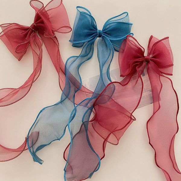 

organza girl bow headdress girl's princess look hairpin with ribbon clips knot hair head accessories children's series, Slivery;white