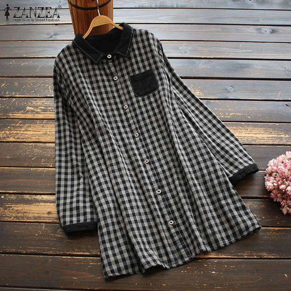 

blouses plus size vintage check shirts women's spring blouse 2021 casual long sleeve blusas female pachwork lapel button top, White