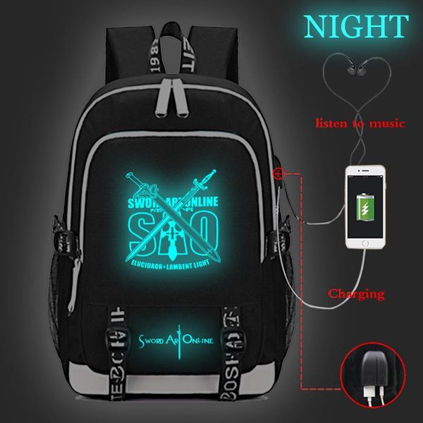 

backpack mochila sword art online luminous backpacks teens usb charge lapknapsack boys girls bookbag student school bag mens bagpack