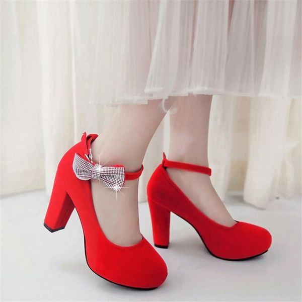 

dress shoes pxelena sweet mary janes ladies bridal wedding rhinestone butterfly-knot flock square high heels women pumps red, Black