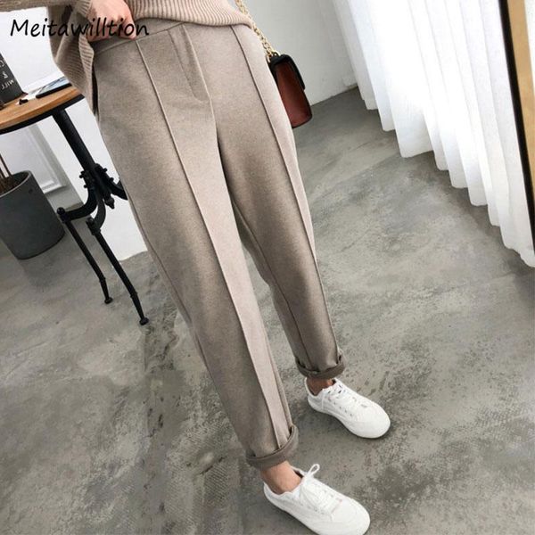 

women's pants & capris 2021 autumn winter thicken pencil women wool long pant female loose office trousers plus size, Black;white