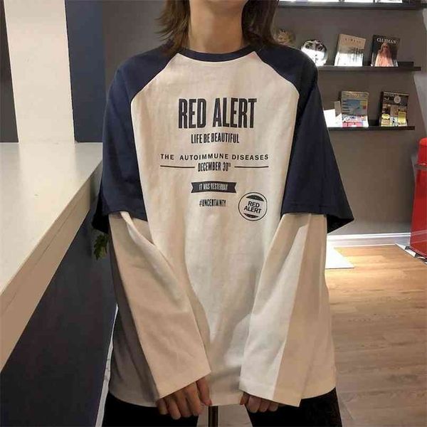 

spring fake two piece long sleeved t shirt women bottoming shirt loose casual korean loose ins female tshits 210819, White