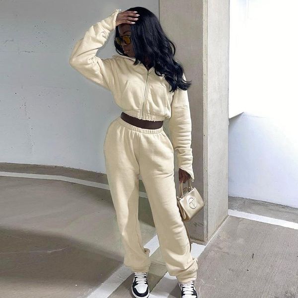 

women's two piece pants set fashion clothing 2021 autumn solid color hoodies pocket sweater pantalones conjuntos de mujer, White