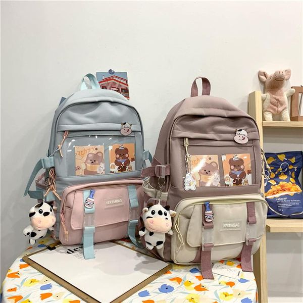 

backpack women girls fashion contrast color backpacks leisure canvas cute cartoon knapsack with pendant badge