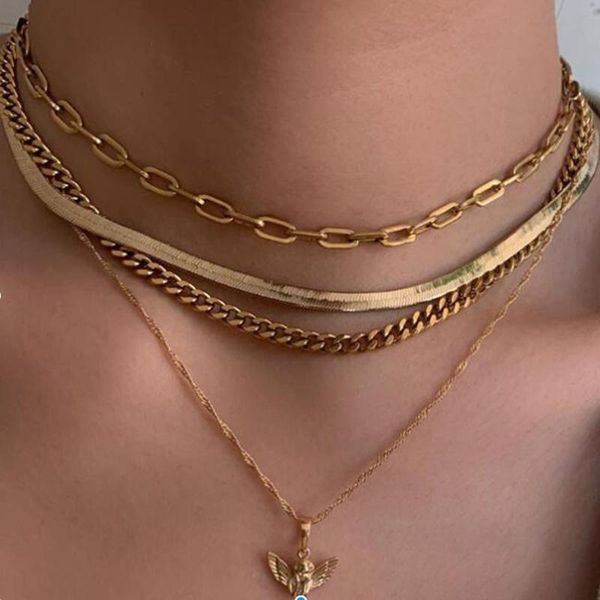 

women punk multilayer flat snake bone chocker necklace hip hop rock gold chain angel choker necklaces female gifts jewelry chokers, Golden;silver