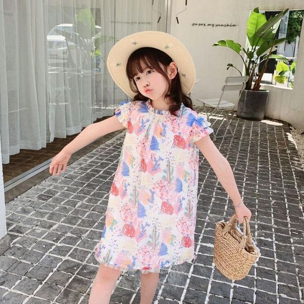 

kids clothes sweet western style summer dress in colorful printed chiffon fabric girls dresses girl's, Red;yellow
