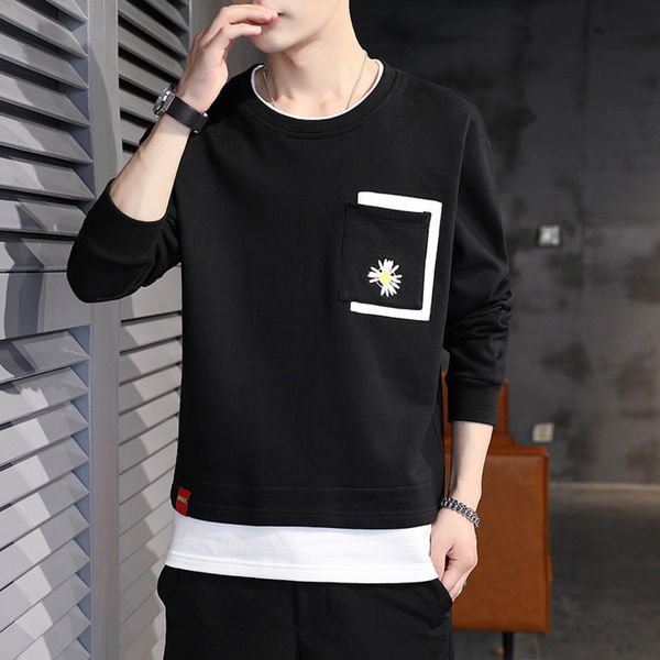 

autumn men's sweater sports casual round neck new loose long sve youth fashion versatile bottoming shirt, Black