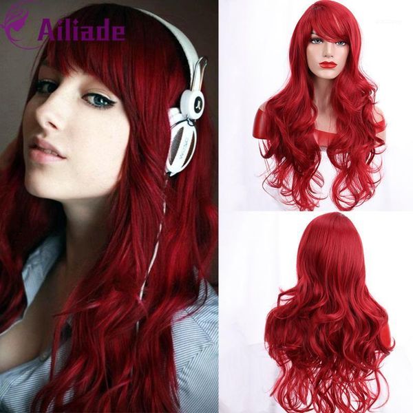 

2021 long wavy synthetic hair bangs wigs heat resistant fiber red color for female african american party cosplay1, Black