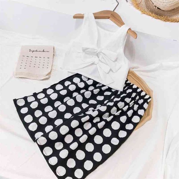 

summer girls' clothing sets fashion bowknot vest + polka dot wide leg pants 2pcss suits baby kids outfits suit children 210625, White