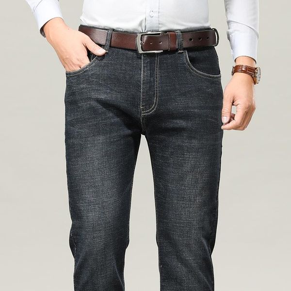 

men's jeans autmn winter straight loose business casual pants plus size men elastic comfortable classic blue black denim trousers