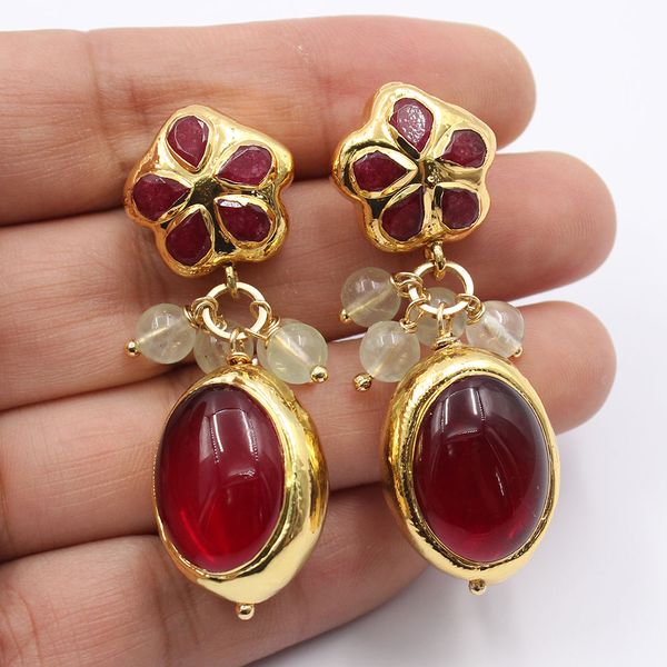 

guaiguai jewelry natural red crystal gold color plated green prehnite red jades flower stud earrings handmade vintage for women, Silver