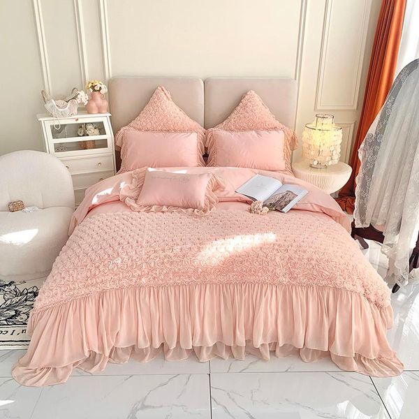 

bedding sets 600tc egyptian cottonbedding set with lace&3d flowers 4/7pcs bed sheet duvet cover matching shams(/king size,pink