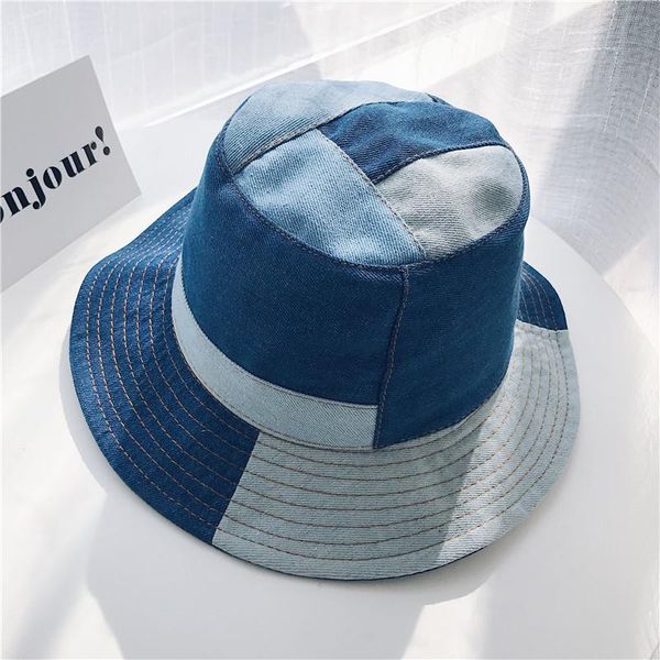 

wide brim hats fashion bucket hat women summer and caps patchwork washed denim hip hop solid beach fishing cap panama, Blue;gray