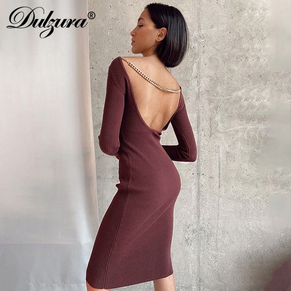 

dulzura ribbed knitted women long sleeve midi dress backless chain bodycon elegant party 2021 autumn winter slim solid, Black;white