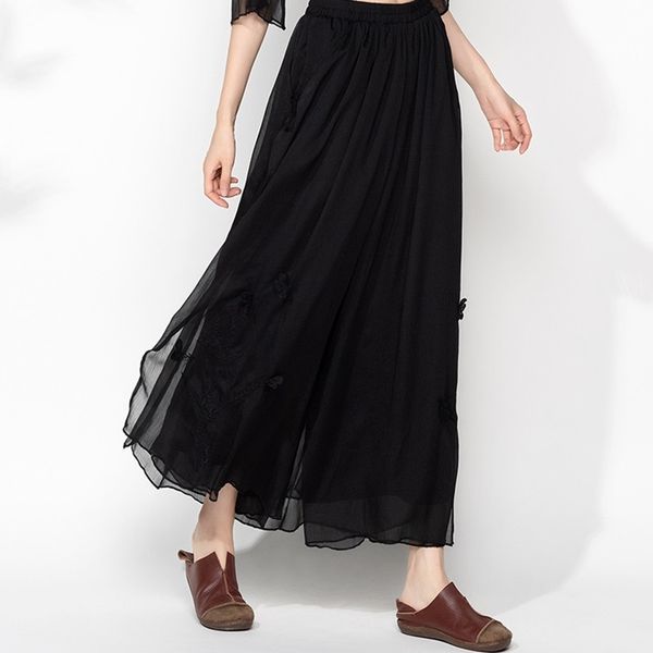 

solid women wide leg pants 2021 capris spring summer high waist embroidery pants plain plus size chinese style trousers 12526, Red