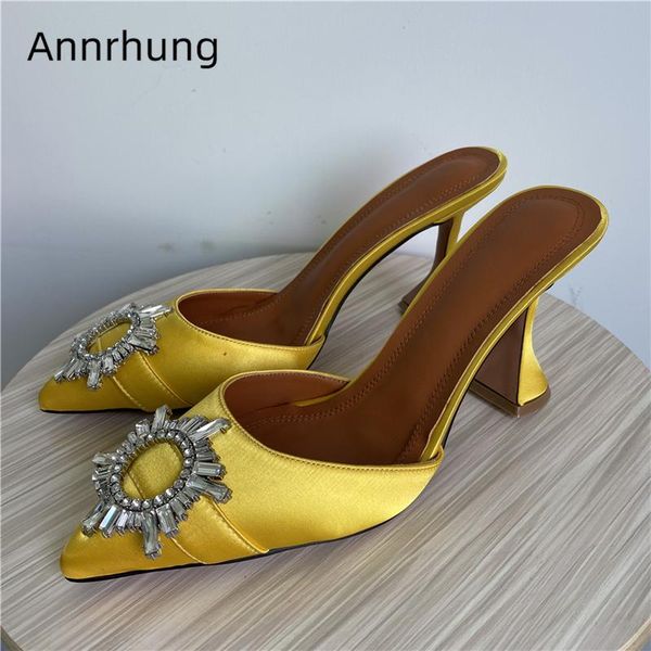 

slippers luxury satin high goblet heel runway shoes woman pointed toe diamond rhinestone sunflower buckle women, Black