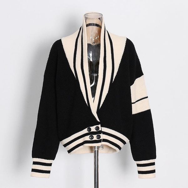 

women's knits & tees knitted cardigan jacket women 2021 british style v-neck casual striped stitching western short loose sweater outer, White