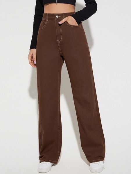

high waist patched detail wide leg pants 60zn#, Blue