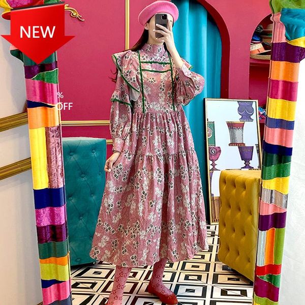 

casual dresses chic floral stand collar ruffled high waist puff sleeve mid-calf dress autumn women's fashion korean, Black;gray