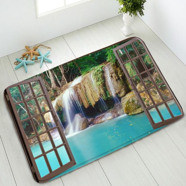 

bath mats 3d window scenery mat ocean waterfall non-slip floor living room bedroom kitchen doormat flannel washable home decor