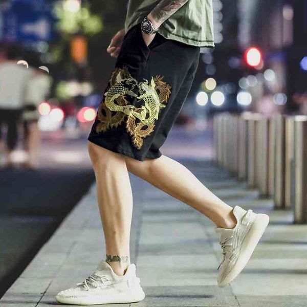 

summer national tide carp embroidery cotton loose sports beach pants korean fashion casual shorts men's large