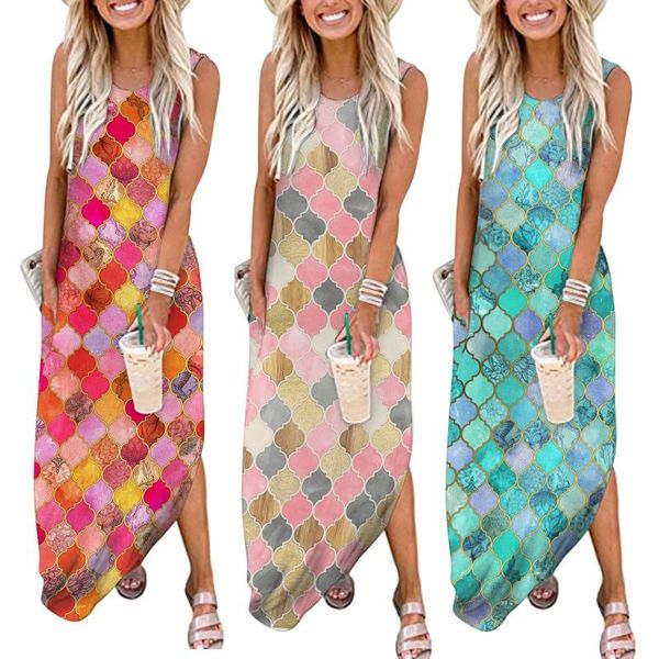 

casual dresses dot printing sleeveless o neck long dress 2021 women's spring summer women evening party vestidos, Black;gray
