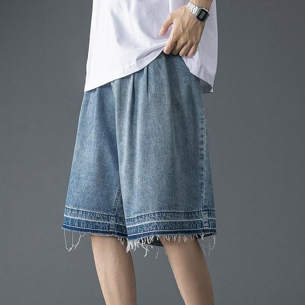 

men's shorts 2021 summer washed denim men elastic waist short cowboy pants fashion causal street loose jeans straight trousers male, White;black
