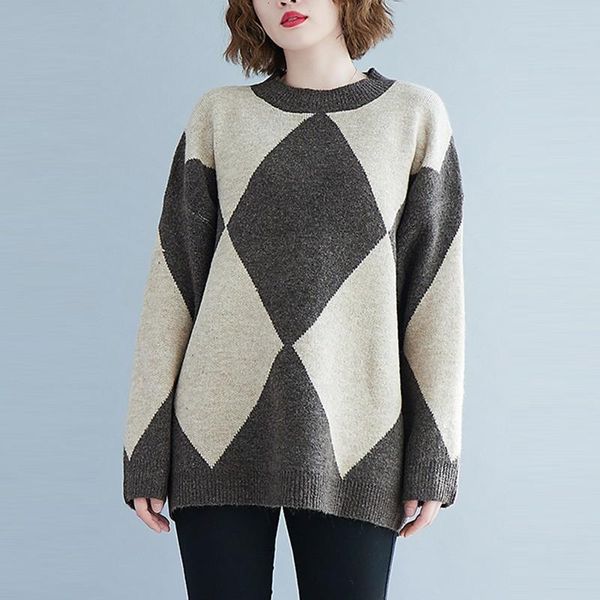 

women's sweaters oversized women casual 2021 autumn winter korean style vintage argyle loose female long sleeve pullovers b1341, White;black