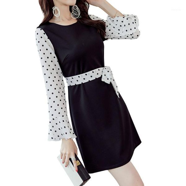 

casual dresses nanabubu 2021 spring autumn dress women dot print slim flare long sleeve office business elegant mini party vestidos, Black;gray