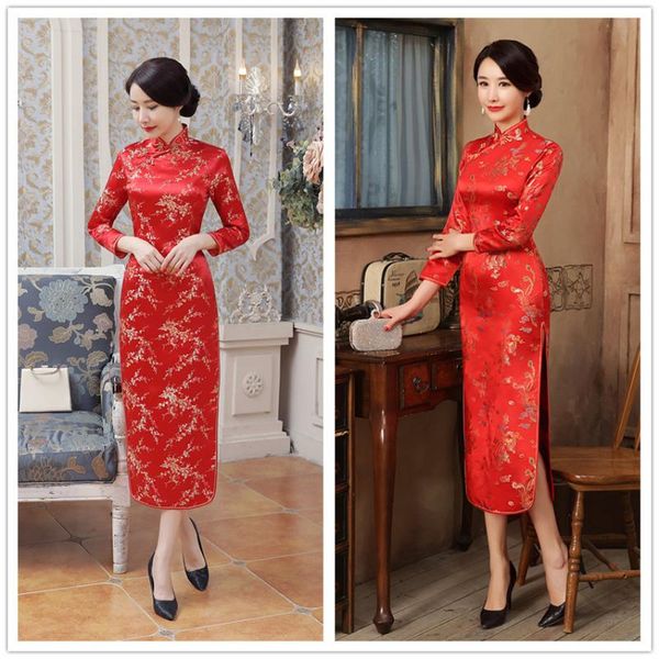 

ethnic clothing elegant red chinese wedding dress traditional women qipao mandarin collar long fork lady cheongsams  l xl xxl