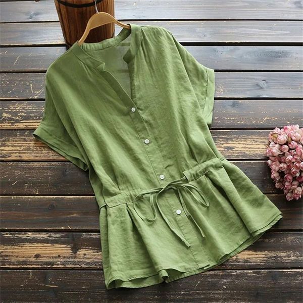 

women's blouses & shirts pure cotton v-neck short-sleeved shirt summer 2021 fashion design sense drawstring tie wide loose casual bat, White