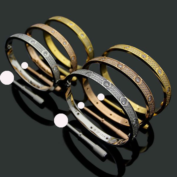 

3 row full diamond titanium steel cuff fashion women men couple bracelets bangles valentine jewelry with velvet bag 2022, White